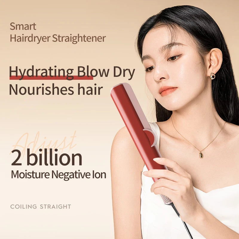 2-in-1 ヘアドライヤーとストレートアイロンのデュアルヒートマイナスイオンヘアスタイラー、速乾性とストレートニングを実現、旅行や家庭での使用に最適